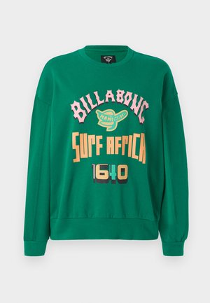 Green sweatshirt featuring a crew neckline, long sleeves, and printed text in pink, yellow, and black. Soft material with ribbed cuffs.