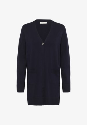 Cardigan lung albastru marin cu decolteu în V, închidere cu un singur nasture argintiu, două buzunare frontale și manșete și tiv cu nervuri.