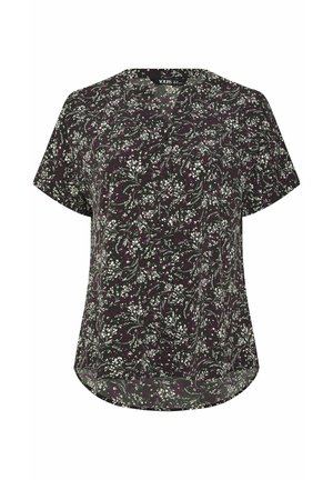 Blusa nera a maniche corte con motivo floreale a vite bianco e viola e bottoni lungo il fronte, orlo arrotondato.