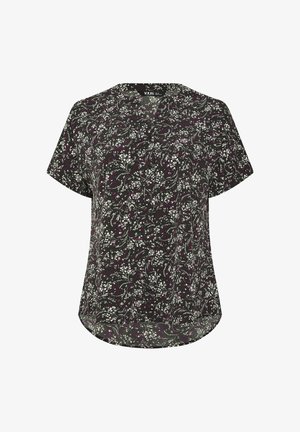 Czarna bluzka krótki rękaw z białym i fioletowym wzorem kwiatowym w formie winorośli oraz guzikiem z przodu, zaokrąglony dół.