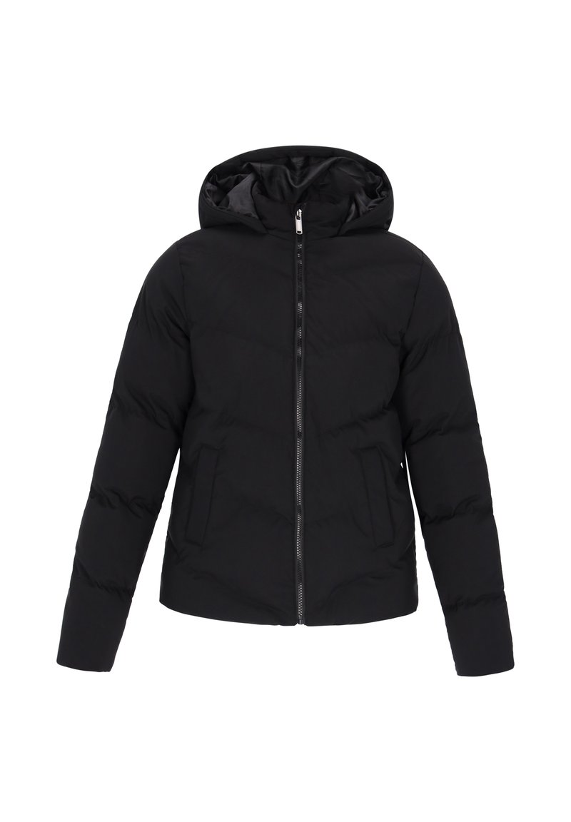 Jachetă puf îmbunătățită, de culoare neagră, cu glugă, închidere cu fermoar și două buzunare laterale. Prezentând un design matlasat cu o textură netedă.