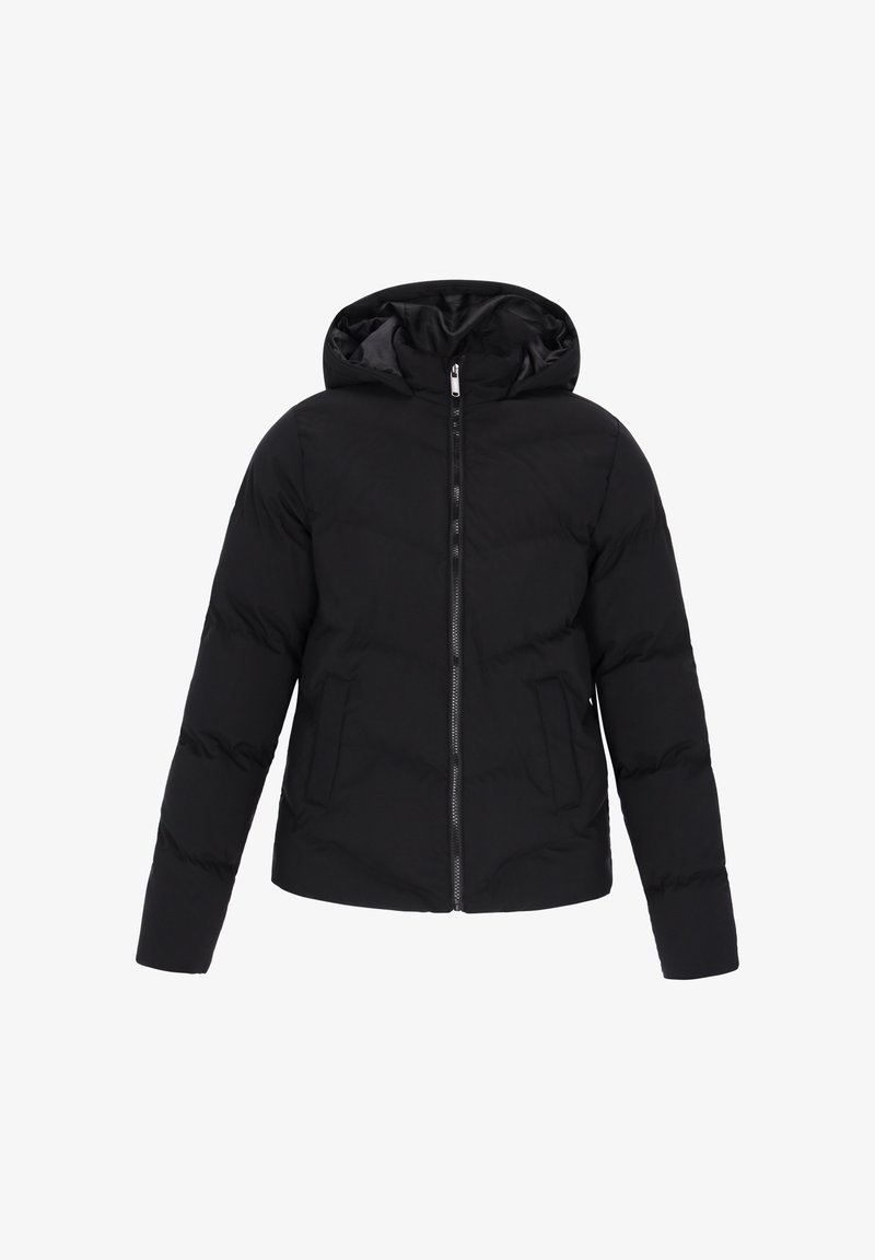 Schwarze Puffjacke mit Kapuze, Reißverschluss vorne und zwei Seitentaschen. Sie hat ein gestepptes Design mit einer glatten Textur.