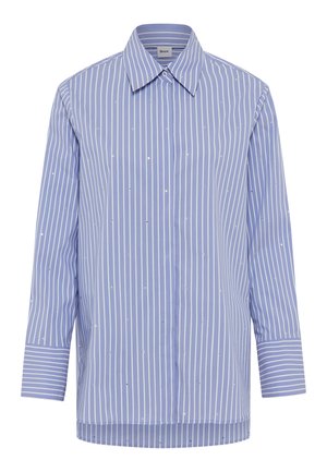Lichtblauw langemouwen shirt met dunne verticale witte strepen, voorzien van kleine zilveren accenten. Klassieke kraag en knoopsluiting.