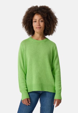 Helle grüne Strickjacke mit lockerer Passform, rundem Halsausschnitt und langen Ärmeln. Ribbestrickbündchen und Saum verleihen Textur und Struktur.