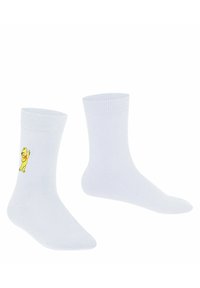 Weiße Baumwollesocken mit geripptem Bündchen und einer gelben Figur, die auf der Außenseite gestickt ist. Standard Crew-Länge.
