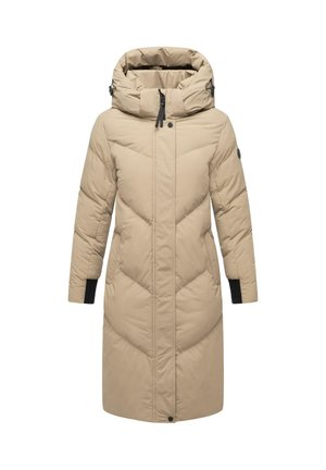 Beezil värvi polsterdatud jope kõrge kraega, kapuutsiga ja mustade detailidega. Omab diagonaalset tikkimist ja keskmise pikkusega lõiget ees luku sulgemisega.