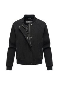 Veste bomber noire avec col, poignets et ourlet côtelés, fermeture éclair et boutons-pression devant, et deux poches avant.