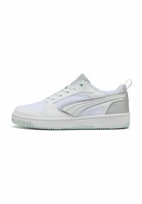 White athletic sneakers with a smooth leather and mesh upper, gray accents, and a semi-translucent mint green outsole. Classic lace-up design.