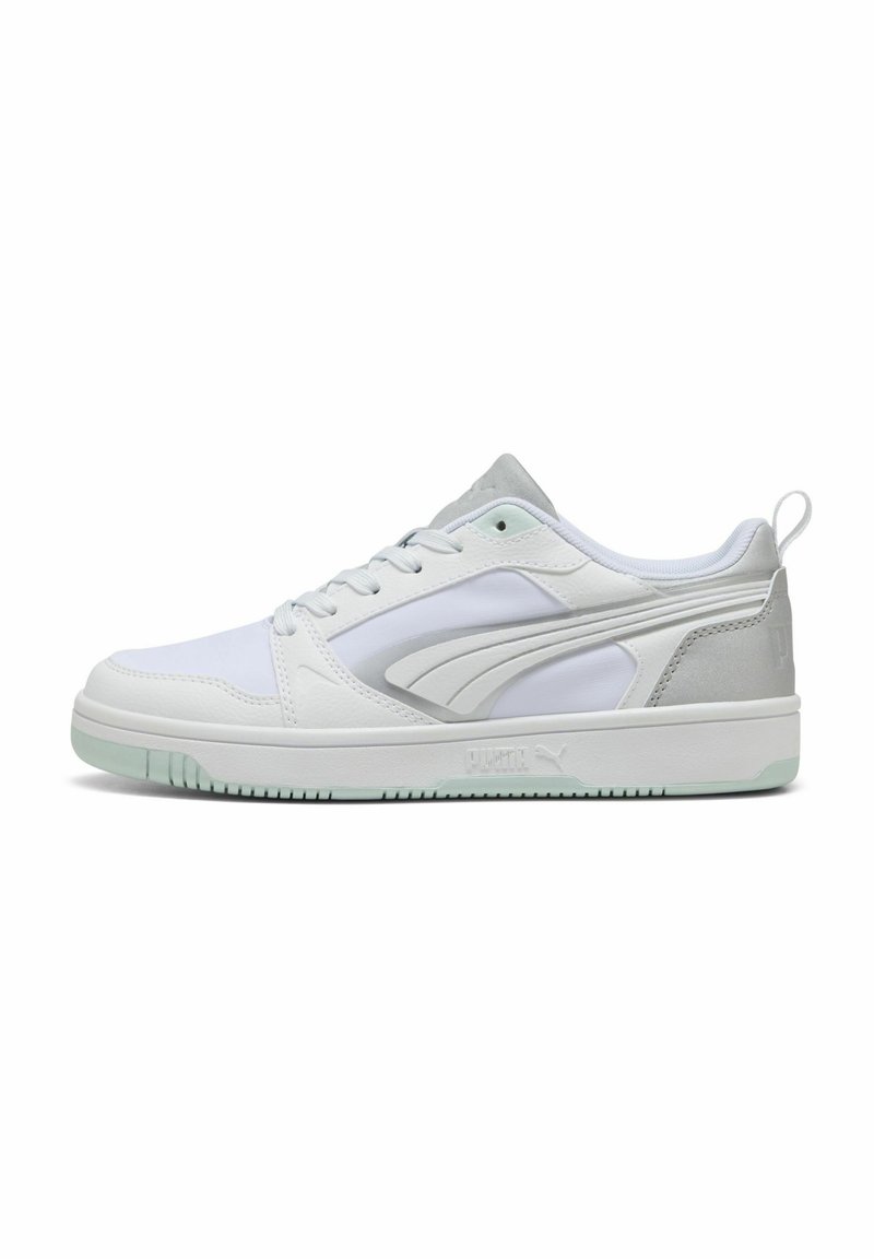 White athletic sneakers with a smooth leather and mesh upper, gray accents, and a semi-translucent mint green outsole. Classic lace-up design.