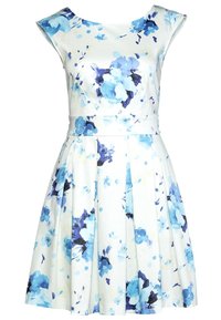 Robe blanche sans manches avec imprimé floral bleu, taille cintrée et jupe plissée en ligne A.