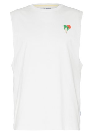 Witte mouwloze t-shirt van zacht materiaal, voorzien van een geborduurd palmbomen- en zonontwerp op de linkerborst.