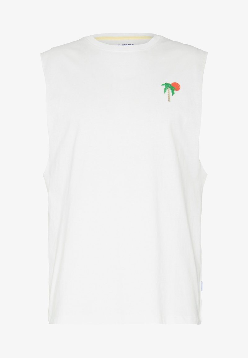 Bílá bezrukávová tričko vyrobené z měkké látky, s výšivkou palmy a slunce na levé části hrudi.