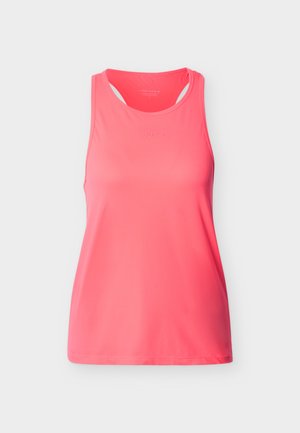 Ροζ αθλητική φανέλα χωρίς μανίκια με λεία υφή, σχεδιασμό racerback και ελάχιστη σήμανση. Διαθέτει αναπνεύσιμο ύφασμα για άνεση κατά τη διάρκεια δραστηριοτήτων.