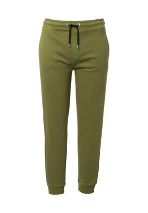 Olivgrüne Jogginghosen aus weichem Material, mit einem elastischen Bund, verstellbarem Kordelzug und gerippten Bündchen. Seitentaschen sind vorhanden.