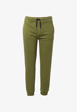 Pantalones jogger en verde oliva, hechos de tejido suave, con cintura elástica, cordón ajustable y puños acanalados. Incluye bolsillos laterales.