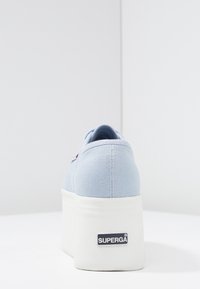 Světle modrá plátěná platforma s hustou bílou gumovou podrážkou a černo-bílým logem "SUPERGA" na patě. Viditelné švy.