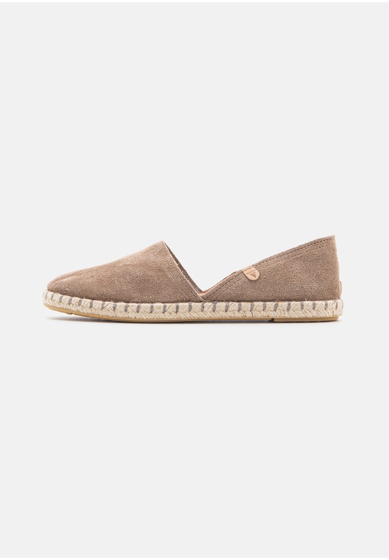 Brown suede espadrille flat with jute-wrapped sole and small side tag, displayed against a plain light background.