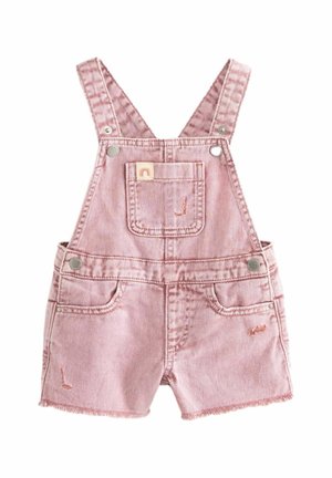 Rosa Denim-Kleinkind-Latzhosen mit verstellbaren Schultergurten, Vordertasche auf der Brust, Seitentaschen und ausgefranstem Saum an den Shorts.