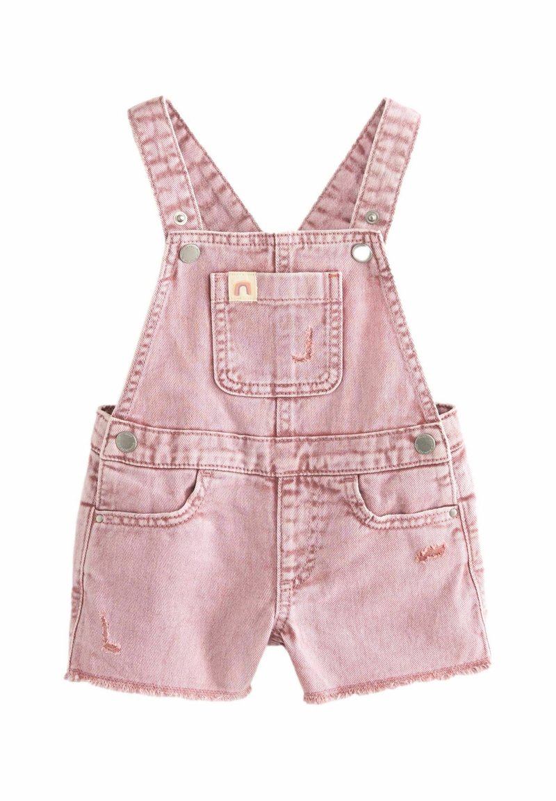 Salopette courte en denim rose pour tout-petit avec bretelles ajustables, poche poitrine avant, poches latérales et ourlet effiloché.