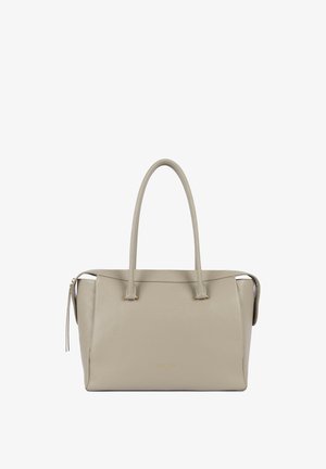 Beige leren shopper met dubbele bovenhandvatten, een gestructureerde vorm en goudkleurige hardware accenten. Zijritssluiting met decoratieve kwast.