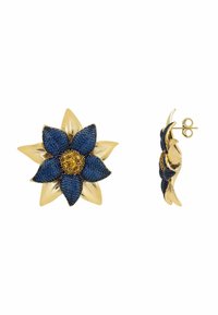 Gold and blue flower-shaped stud earrings with five textured blue petals and a center cluster of small yellow stones.