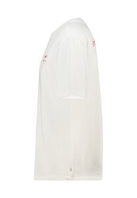 White cotton t-shirt with short sleeves, featuring pink floral embroidery on the front and "New York" text. Straight cut with a round neckline.