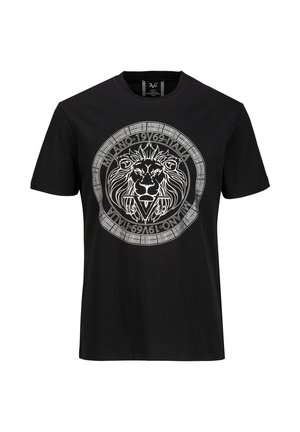 Schwarzes T-Shirt mit kurzen Ärmeln, das vorne ein weißes Löwenkopf-Emblem mit dem Text "Milano 19V69 Italia" in einem kreisförmigen Design zeigt.