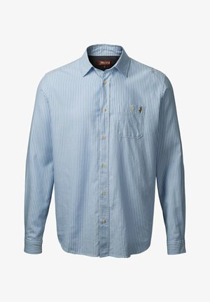 Camicia azzurro chiaro con bottoni, a strisce verticali bianche sottili, maniche lunghe e una singola tasca sul petto con un piccolo logo.