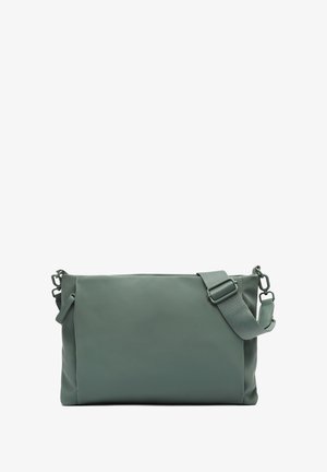 Green, rectangular crossbody bag made of smooth, durable material with an adjustable strap and minimalistic design. Features functional hardware.
