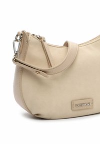 Beige crescent-shaped handbag with a short strap, silver clasp, zipper closure, and a small "EMILY & NOAH" metal logo plaque.