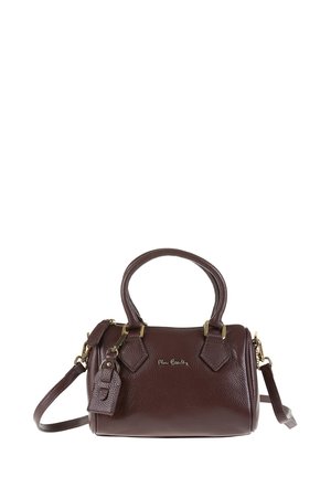 Borsa a tracolla in pelle marrone con texture, manici corti, tracolla rimovibile, finiture dorate e un dettaglio con logo frontale.