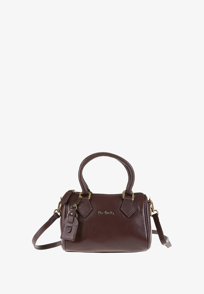 Borsa a tracolla in pelle marrone con texture, manici corti, tracolla rimovibile, finiture dorate e un dettaglio con logo frontale.