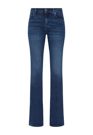 Granatowe dżinsy dzwonowe z zapinaniem na guzik z przodu, pięcioma kieszeniami i gładką strukturą; subtelne przetarcia na nogawkach.