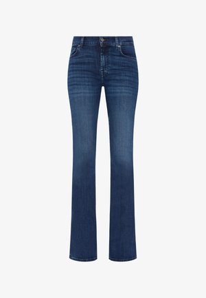 Granatowe dżinsy dzwonowe z zapinaniem na guzik z przodu, pięcioma kieszeniami i gładką strukturą; subtelne przetarcia na nogawkach.