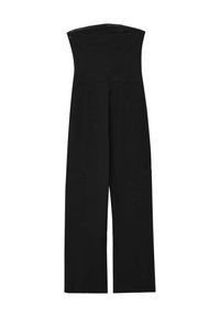 Schwarzer, trägerloser Jumpsuit aus einem Stoff mit glatter Textur. Besitzt weit geschnittene Hosenbeine und zwei seitliche Taschen für Praktikabilität.