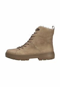 Bottines beiges en daim avec une doublure en fourrure. Caractéristiques : bout rond, devant lacé, œillets en métal et semelle en caoutchouc texturé.