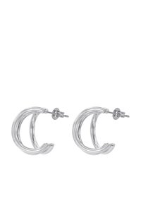 Orecchini ad anello in plastica trasparente presentano un design curvo, che ricorda una lettera "C" stilizzata, con perni in tono argento per una chiusura sicura.