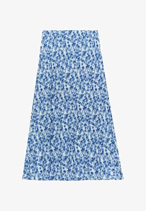 Jupe midi évasée en tissu bleu clair avec un motif floral en bleu plus foncé. Légère, avec une texture lisse et une taille élastique.