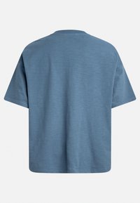 Blue short-sleeve t-shirt made of soft fabric, featuring a crew neck and relaxed fit with a smooth texture and simple design.