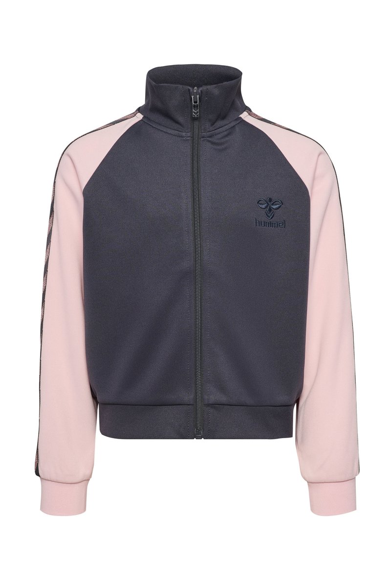 Dunkelgraue Jacke mit Reißverschluss, pinken Ärmeln, geripptem Kragen und gesticktem Logo. Glatte Struktur mit kontrastierenden Farben und seitlichem Streifendetail.