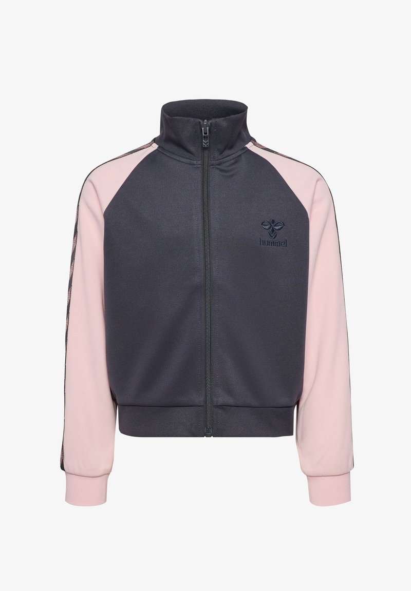 Dunkelgraue Jacke mit Reißverschluss, pinken Ärmeln, geripptem Kragen und gesticktem Logo. Glatte Struktur mit kontrastierenden Farben und seitlichem Streifendetail.