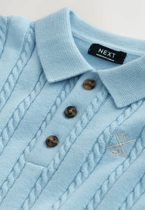 Lichtblauw gebreid poloshirt met een geribbelde textuur, drie bruine knopen en een geborduurd logo. Het label geeft "NEXT, Made in Myanmar" aan.