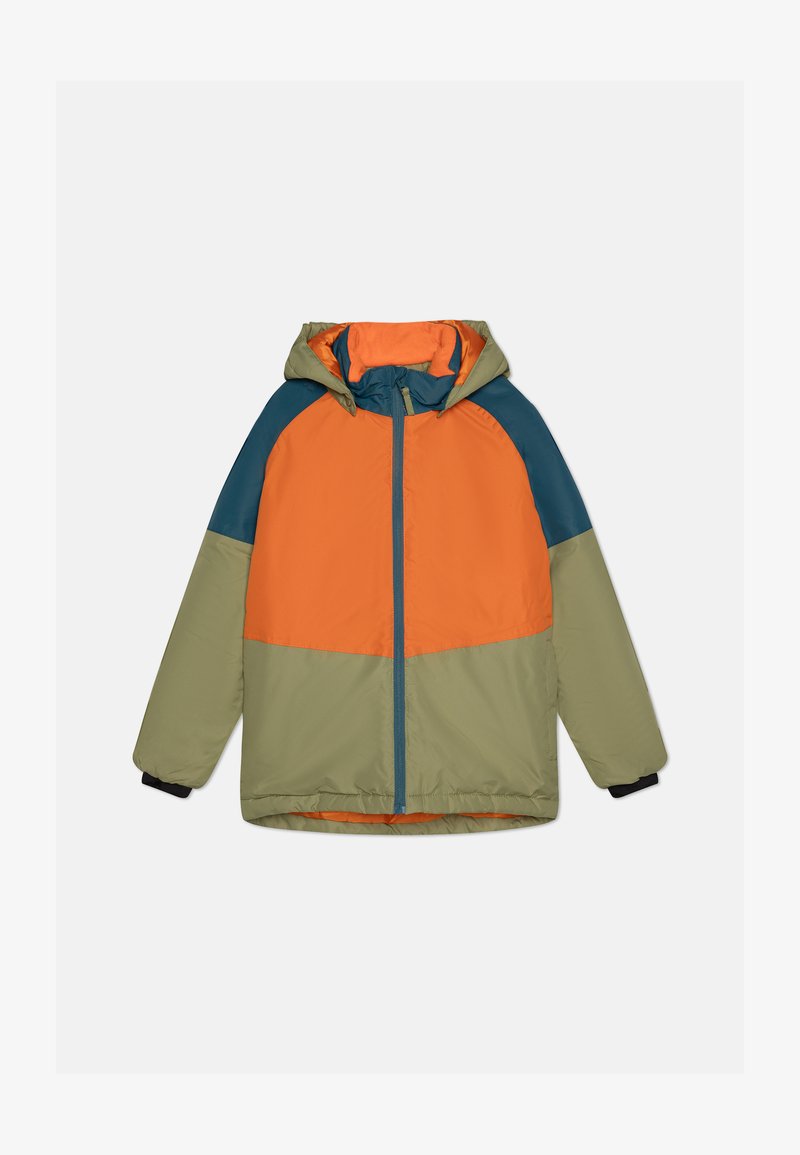 Χρωματισμένο παλτό με επένδυση, που διαθέτει τμήματα σε πορτοκαλί, πράσινο και τυρκουάζ, με φερμουάρ μπροστά, κουκούλα και ελαστικούς καρπούς. Ελαφρύ ύφασμα.