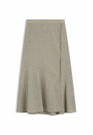 A-linje nederdel i lysegrå, lavet af tekstureret stof, med en subtil diagonal sømdetalje og en flæset nederkant.