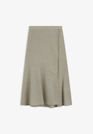 A-linje nederdel i lysegrå, lavet af tekstureret stof, med en subtil diagonal sømdetalje og en flæset nederkant.