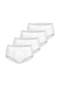 Slips in cotone bianco, con una texture a coste, elastico in vita e apertura frontale. Quattro paia sono esposti in fila.
