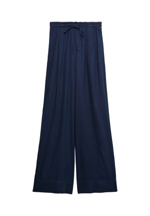 Navyblaue, weit geschnittene Hosen mit elastischem Bund und Kordelzugverschluss, aus leichtem Stoff gefertigt.