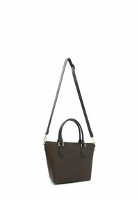 Borsa tote in pelle marrone scuro con due manici superiori, una tracolla removibile e dettagli in metallo dorato. Texture liscia, design minimalista.