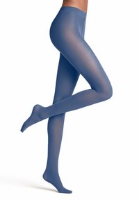 Collant semi-trasparent blu cielo con una texture liscia, stile aderente e cintura, che enfatizzano la forma e il contorno delle gambe.