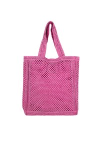Borsa a rete rosa con due manici, caratterizzata da una forma rettangolare e un design a tessitura aperta, realizzata in materiale flessibile e leggero.